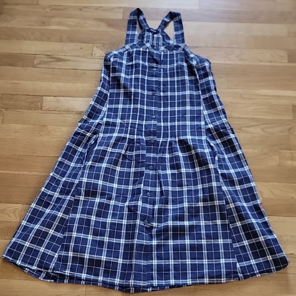 Adorable Madewell Blue Plaid Button Front Cotton Linen Dress